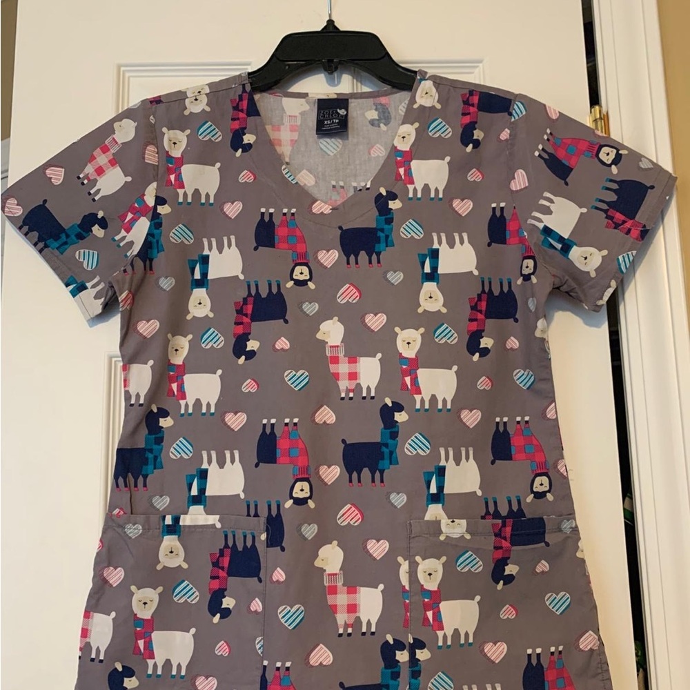 Gray and Blue Cat Pattern Scrub Top V-Neck